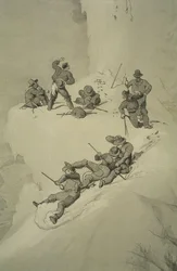 A Fall on the Ascent, från tio scener i Mont Blancs sista stigning inklusive fem vyer från toppmötet, av J.D.H. Browne, publicerad 1853